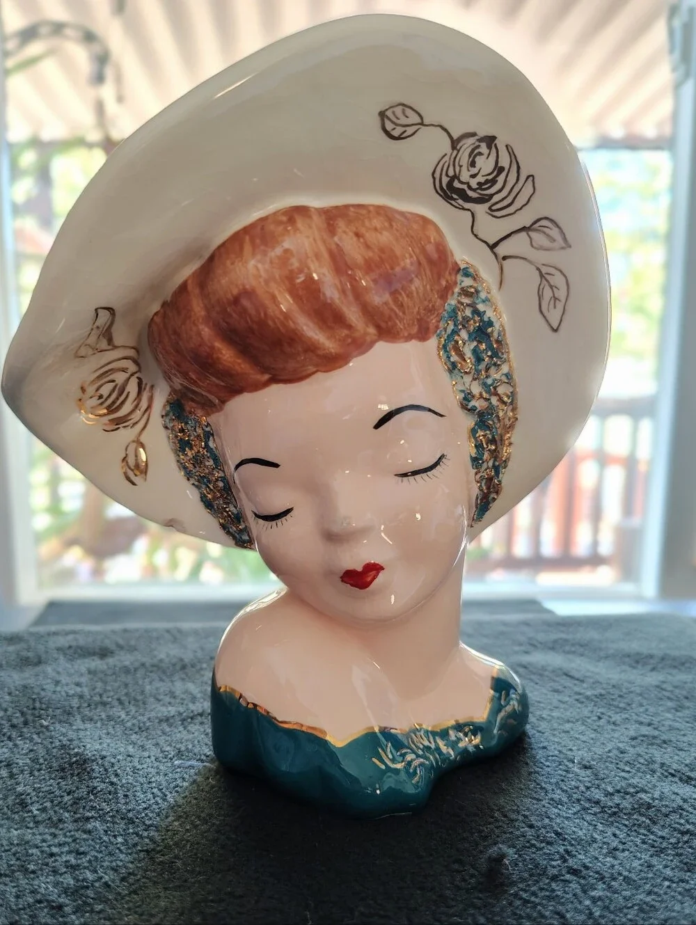 Lady Head Vase Auburn Hair with Green Dress